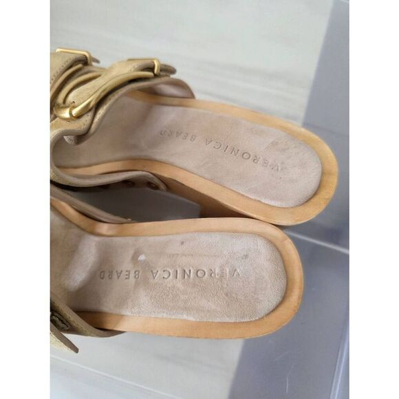 Veronica Beard Halifax Suede Dual Buckle Open Toe High Heel Clog Shoe In Desert - Picture 3 of 9